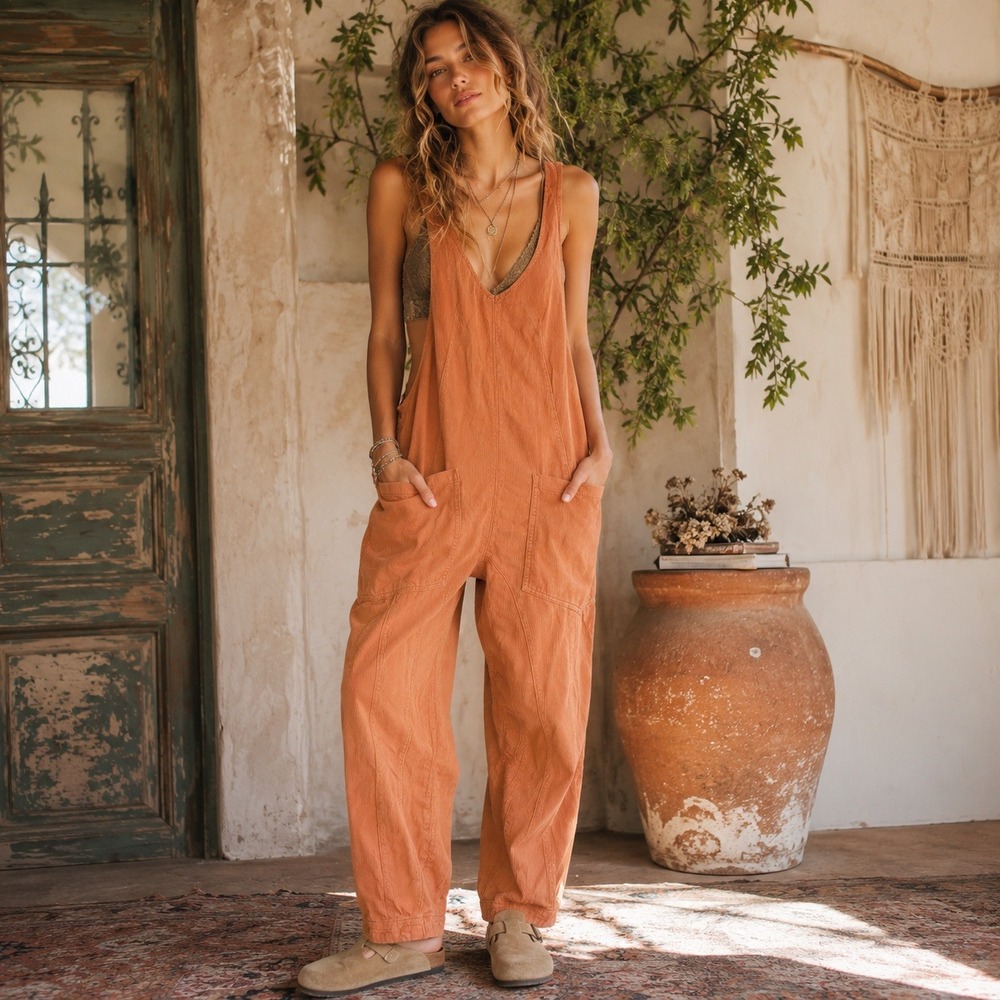 We The Free People High Roller Corduroy Jumpsuit Rust Orange Womans Size Small